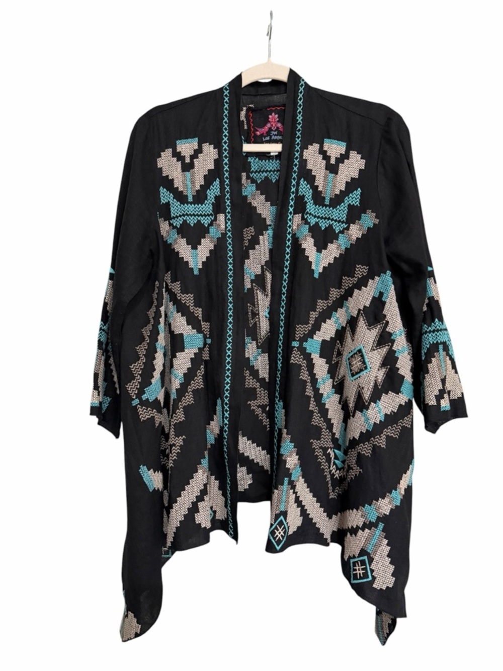 Johnny Was Black Open-Front Cardigan with Teal and Cream Aztec Motif